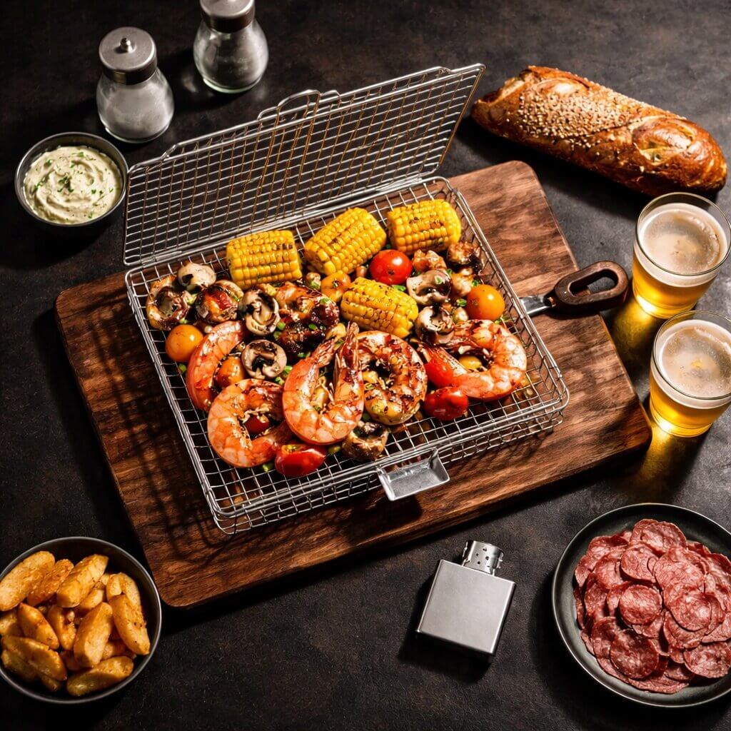 Grill Basket Stainless Steel Grid Handle Dishwasher Safe
