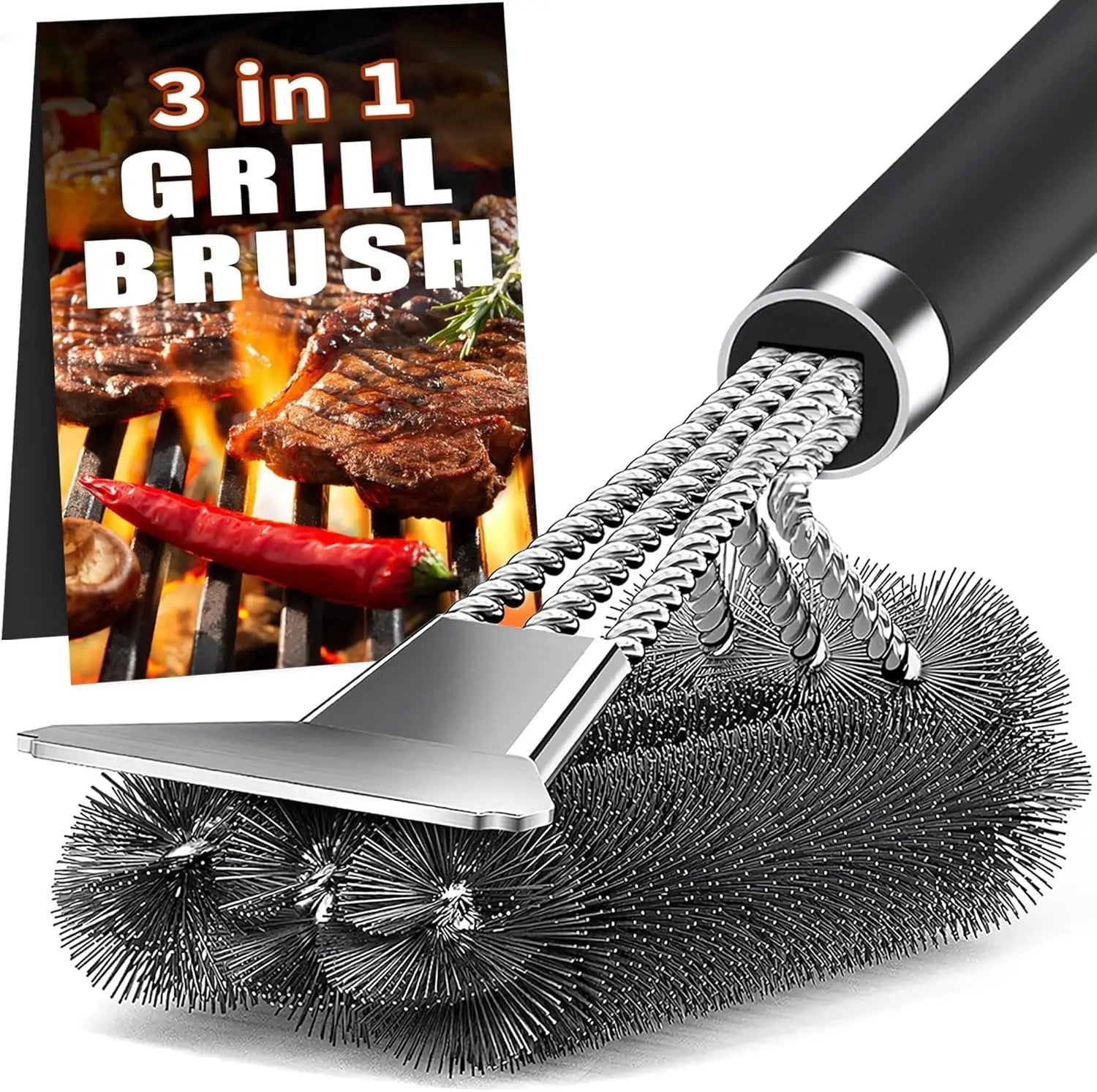 Grill Brush 3-in-1 Stainless Steel Bristles & Scraper