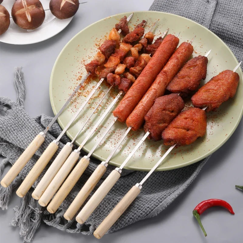 Grill Skewers Stainless Steel Flat Blade Wooden Handle