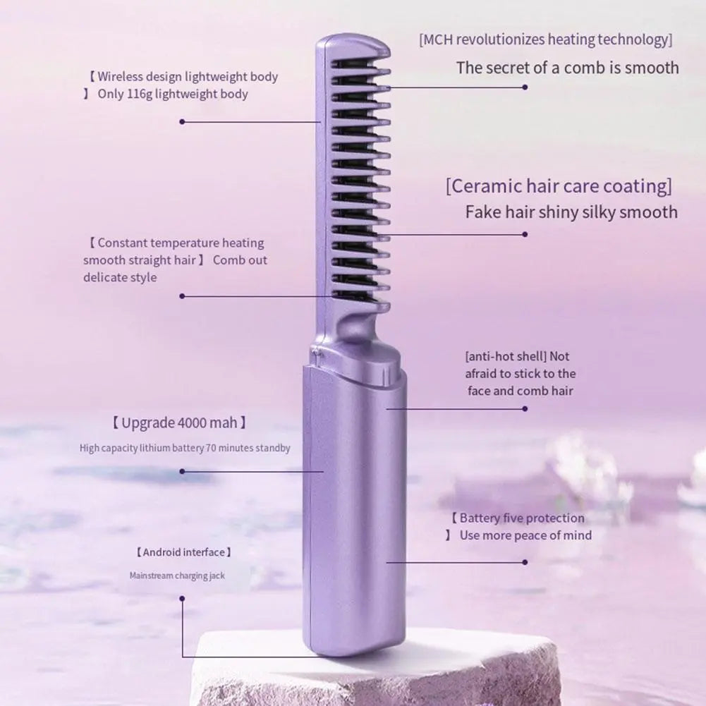 Hair Straightener Comb Ceramic Coating Adjustable Heat USB Rechargeable
