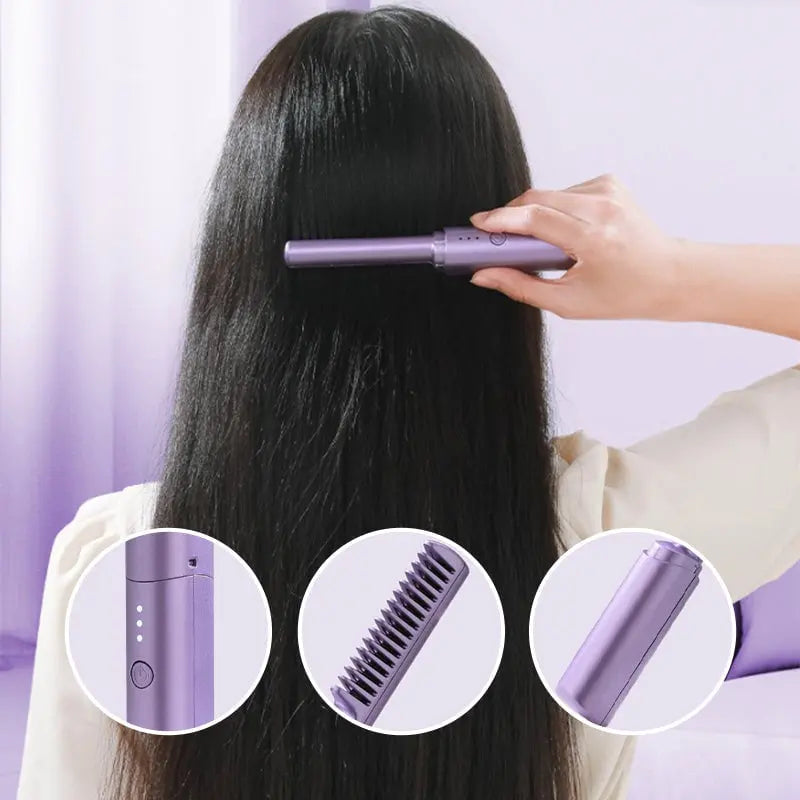 Hair Straightening Brush Cordless Ceramic Coated USB Rechargeable