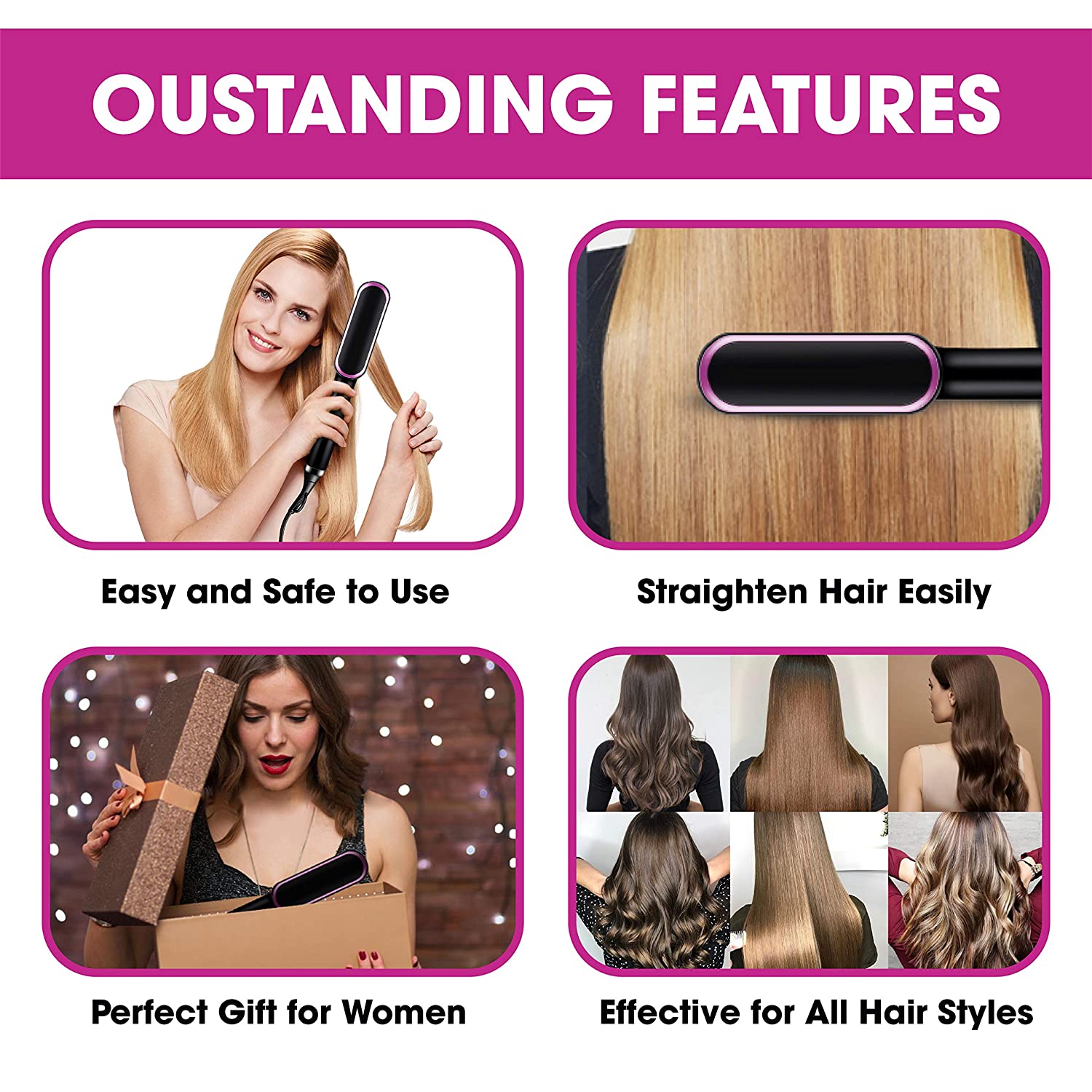 Hair Straightening Brush Ionic Titanium Bristles Anti-Frizz