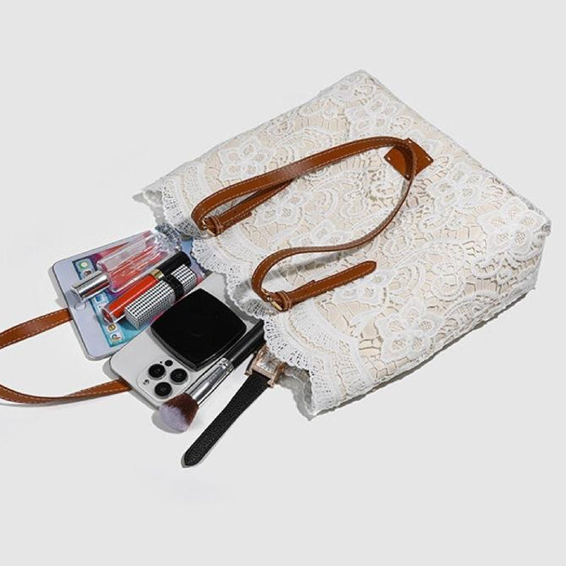 Handbag Lace Design Faux Leather Handles & Magnetic Closure