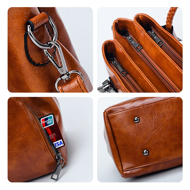 Handbag Soft Oil Wax Leather Multiple Pockets