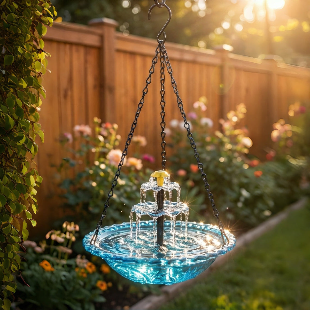 Hanging Bird Bath Solar Powered Glass Bowl Weatherproof