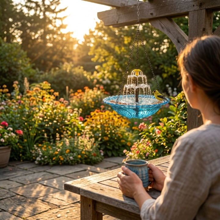 Hanging Bird Bath Solar Powered Glass Bowl Weatherproof