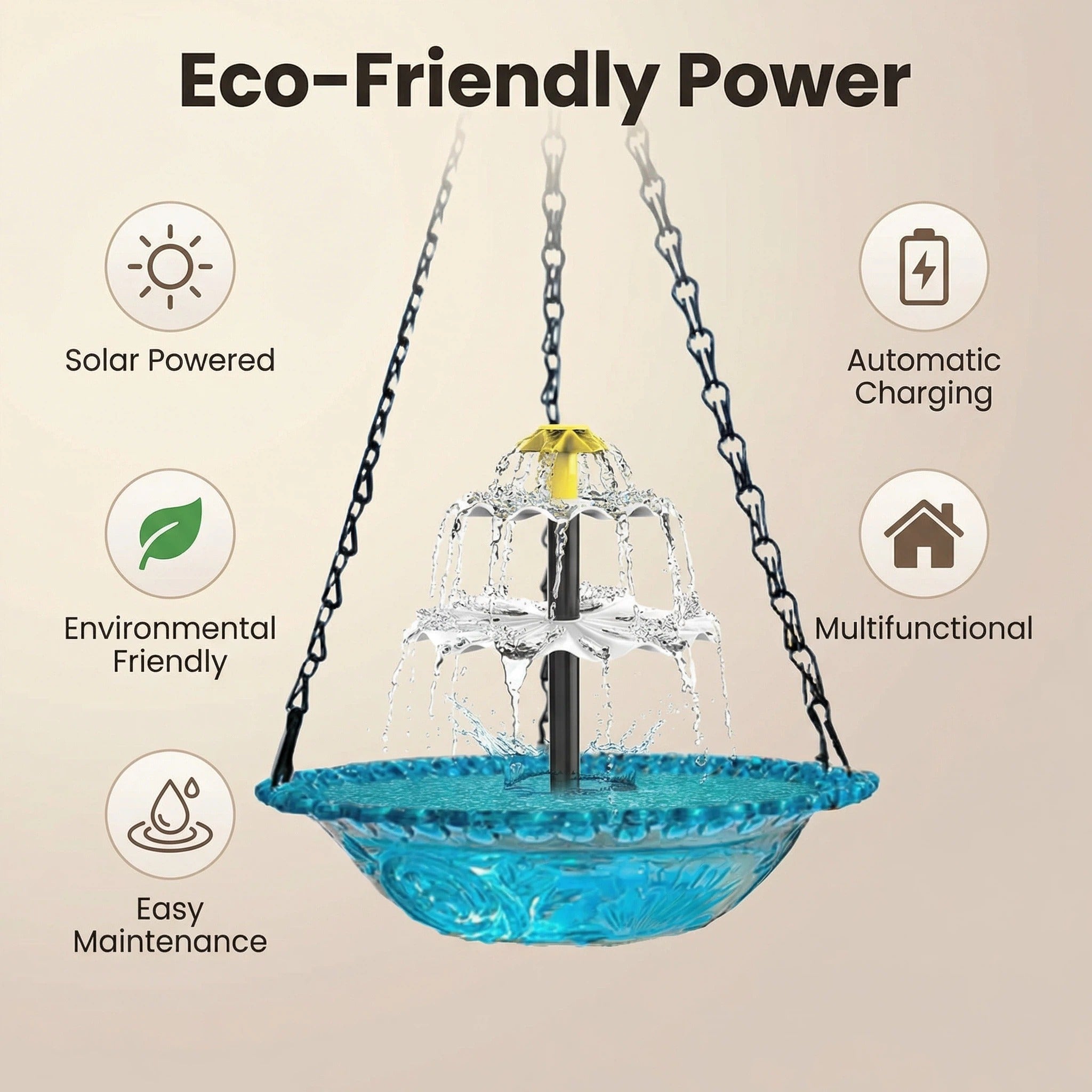 Hanging Fountain Solar-Powered Two-Tier Glass Bowl