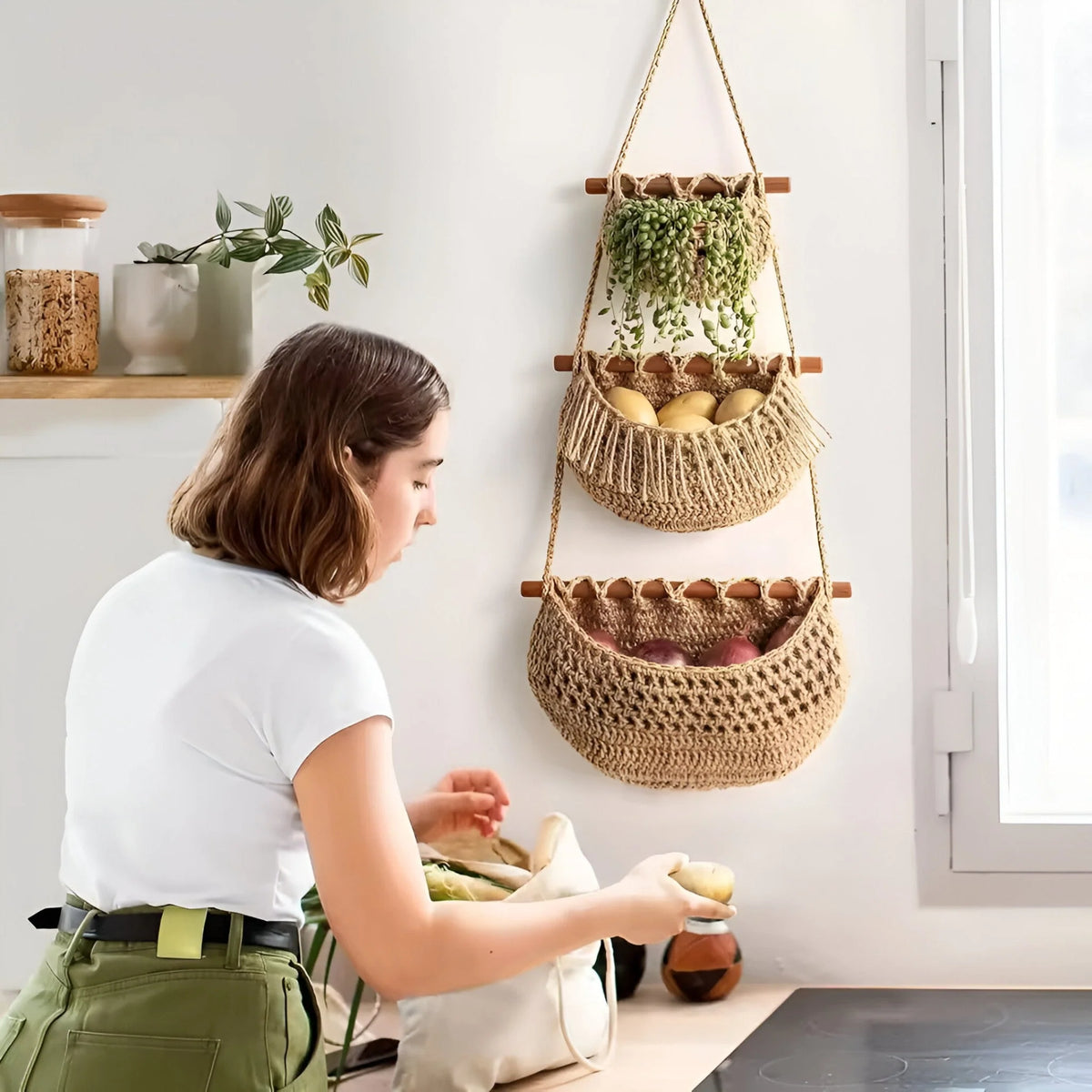 Hanging Fruit & Vegetable Basket 3-Tier Natural Jute