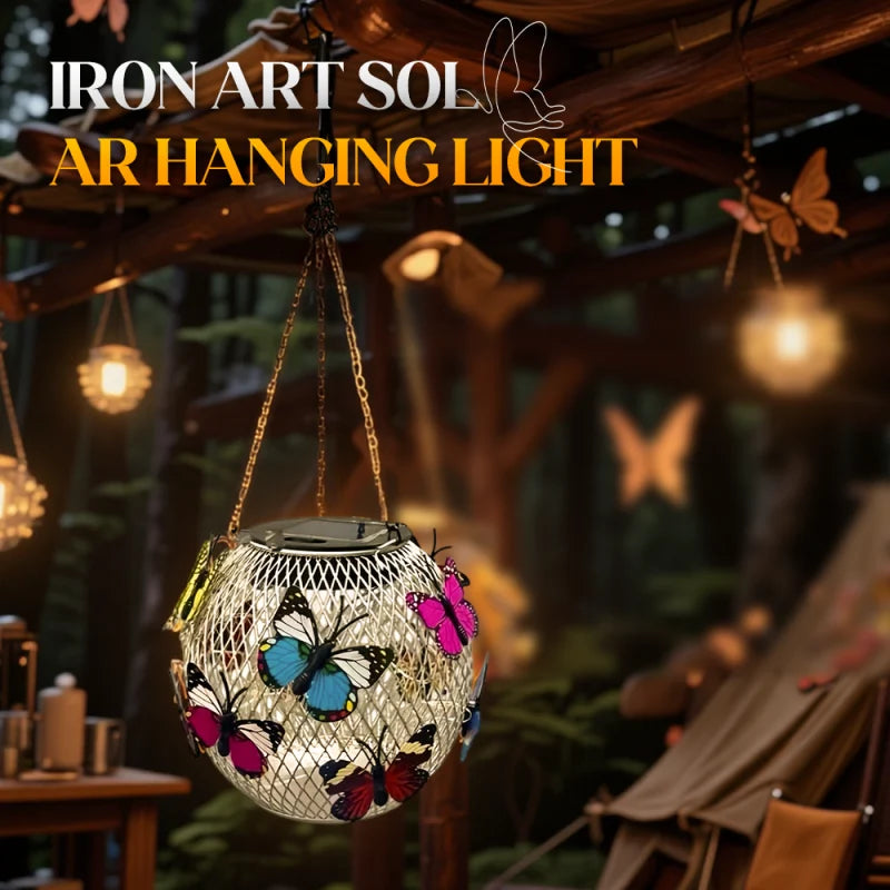 Hanging Solar Light Iron Mesh Globe Butterfly Decor 12-Hour