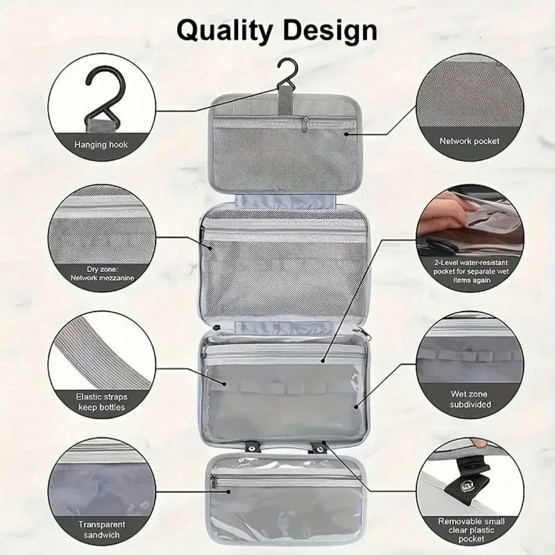 Hanging Toiletry Bag Waterproof Polyester Four Compartments Swivel Hook