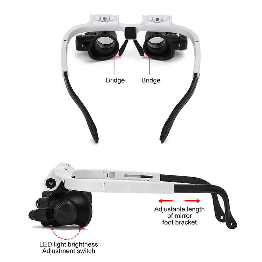 Headband Magnifier 3 Lenses LED Lights Adjustable Angle