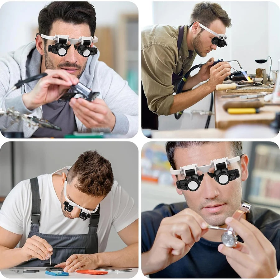 Headband Magnifier 3 Lenses LED Lights Adjustable Angle