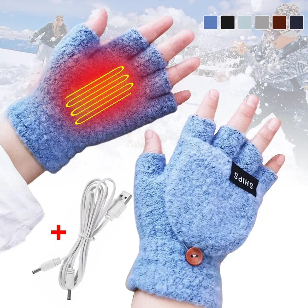 Heated Gloves Fingerless Knit USB Rechargeable 3 Heat Levels