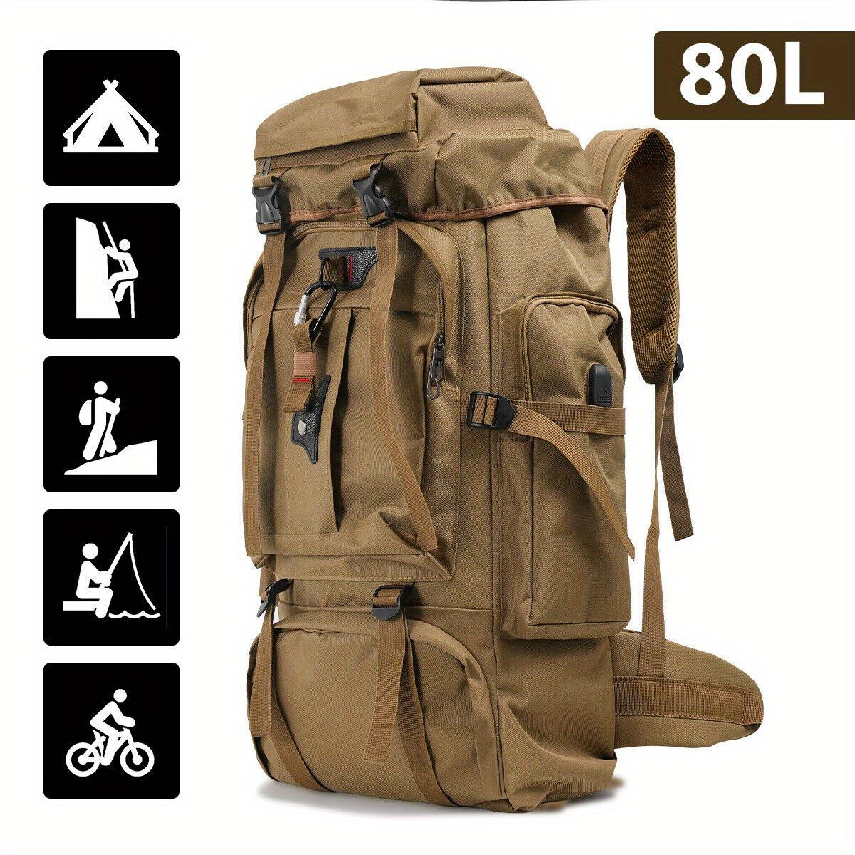 Hiking Backpack 80L Water-Repellent Nylon Padded Back & Adjustable Straps