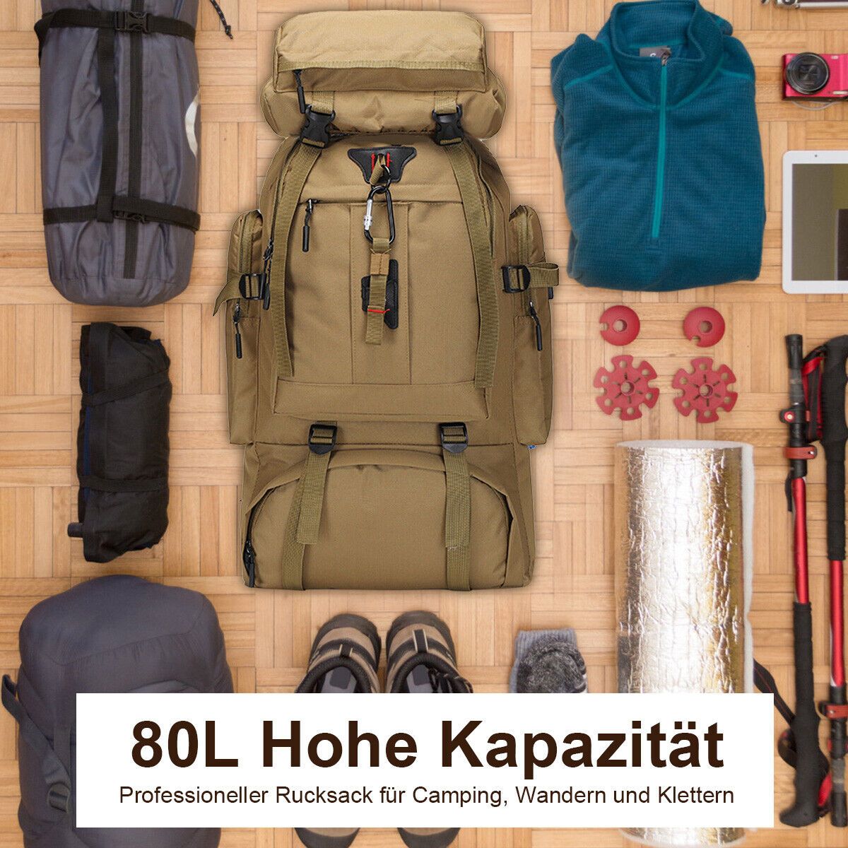 Hiking Backpack 80L Water-Repellent Nylon Padded Back & Adjustable Straps