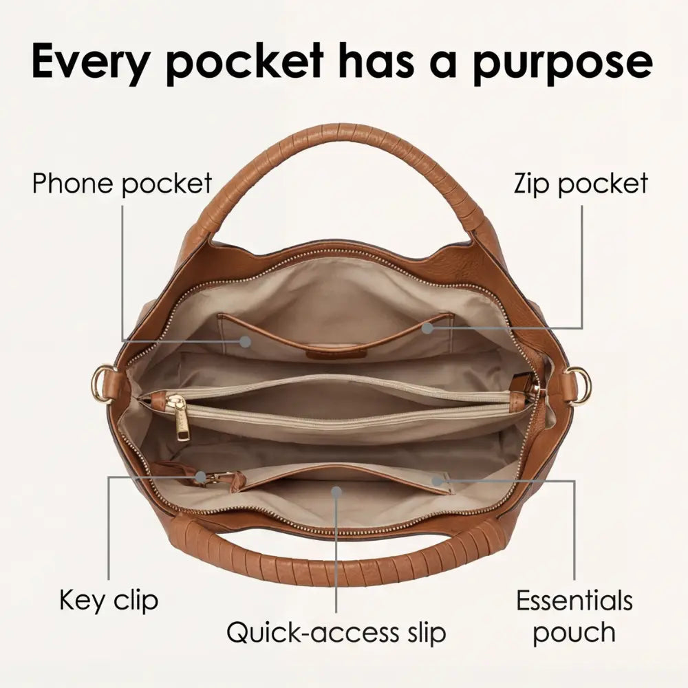 Hobo Bag Artificial Leather Five Interior Compartments Adjustable Strap