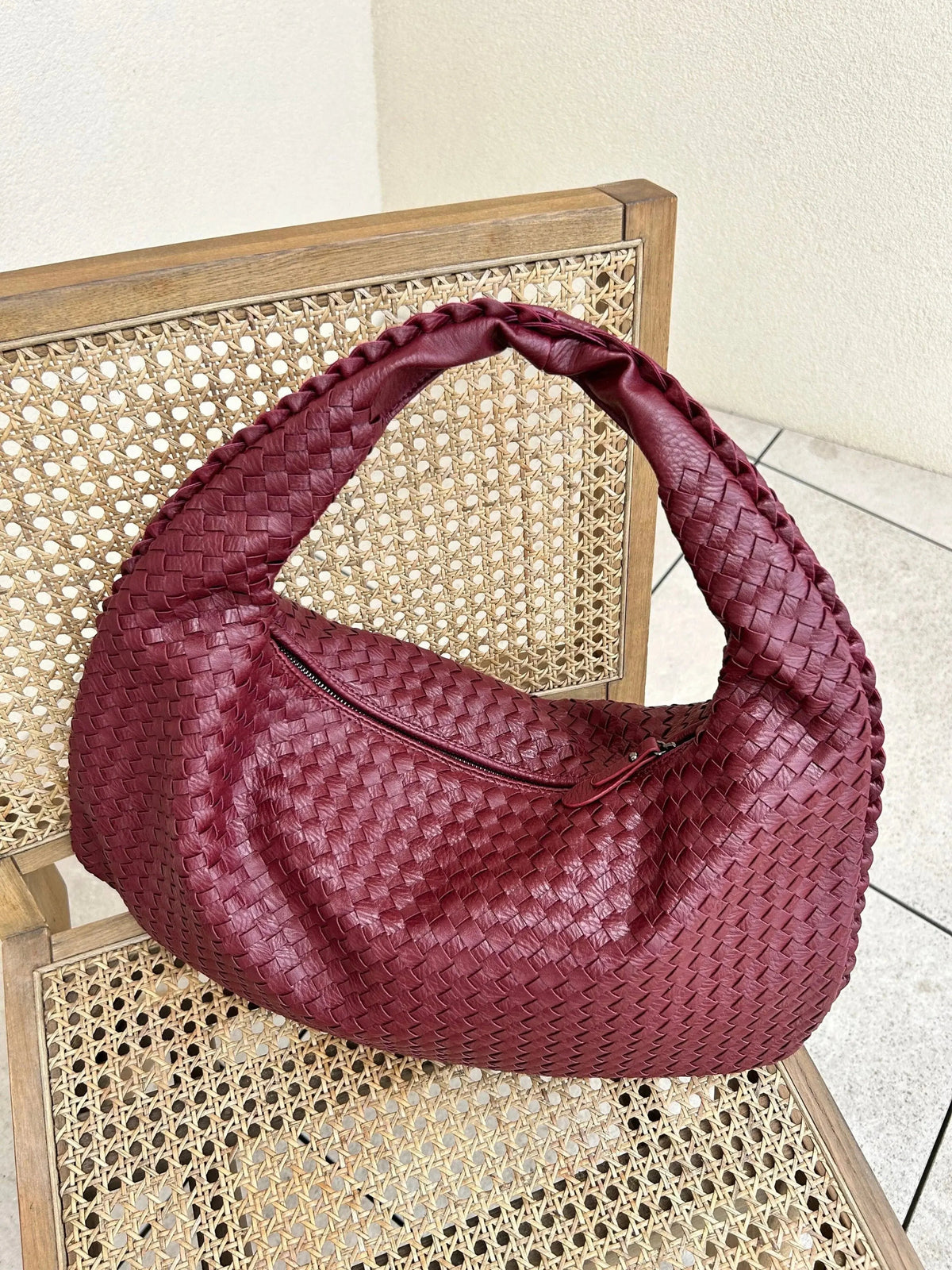 Hobo Bag Braided Genuine Leather Zippered Padded Strap