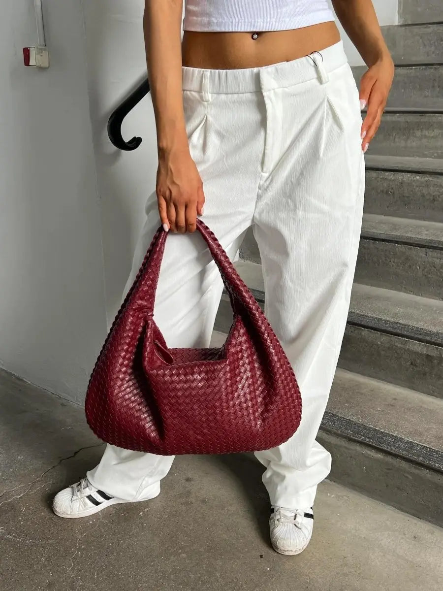 Hobo Bag Braided Genuine Leather Zippered Padded Strap