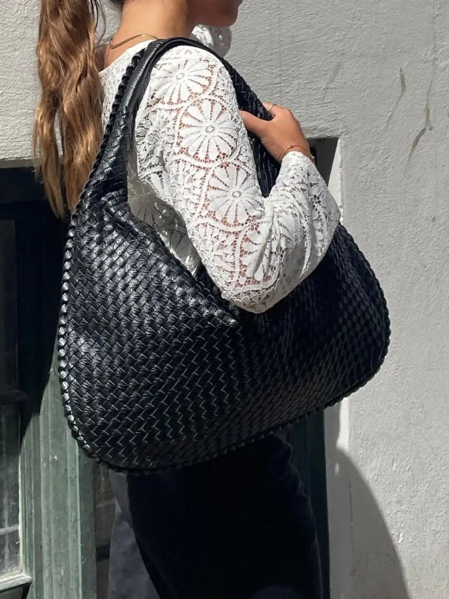 Hobo Bag Braided Genuine Leather Zippered Padded Strap