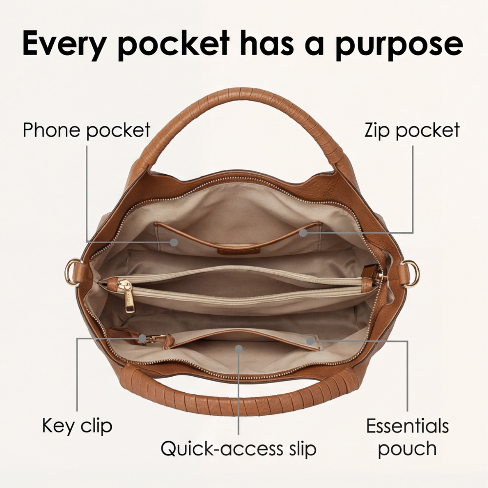 Hobo Bag Soft Faux Leather Five Interior Compartments