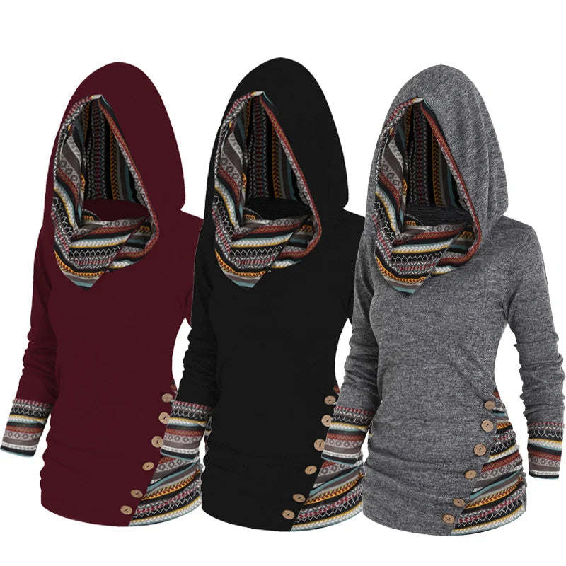 Hoodie Tribal Geometric Print Long Sleeve Faux Button Hood