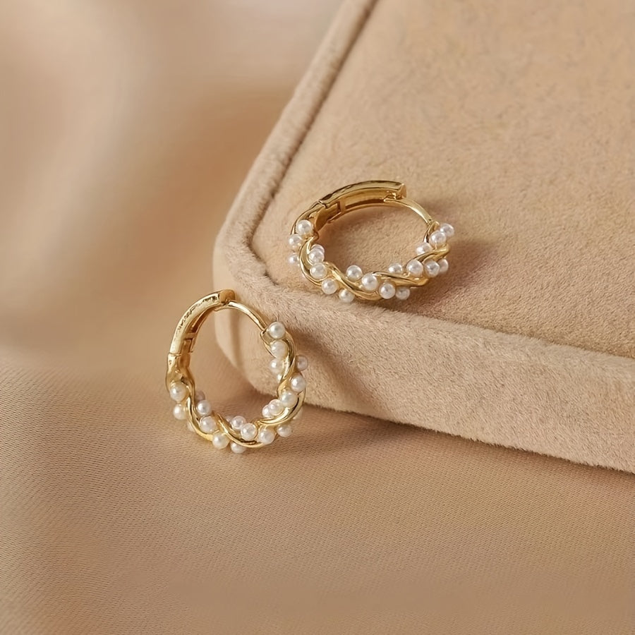 Hoop Earrings Gold Wire Pearl Accents Lightweight