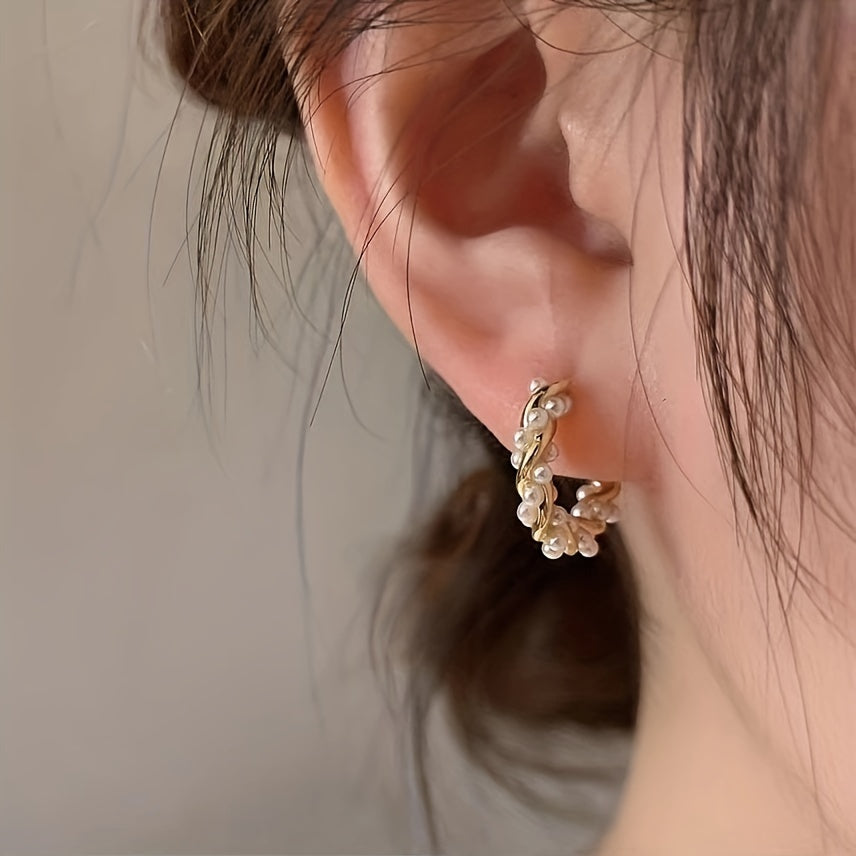 Hoop Earrings Gold Wire Pearl Accents Lightweight