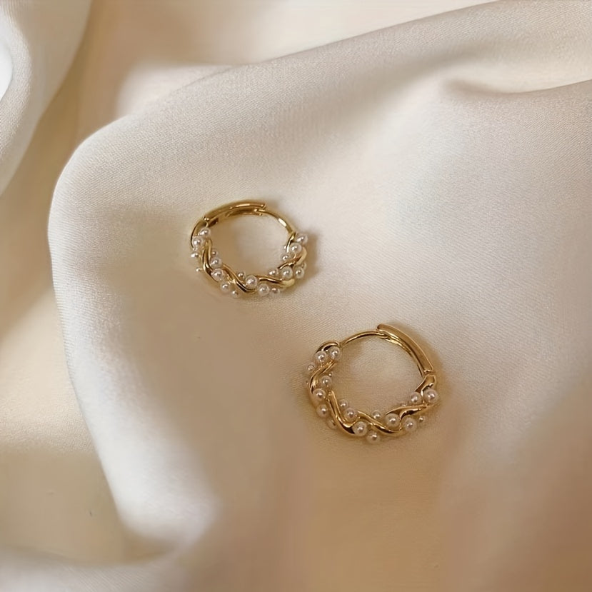 Hoop Earrings Gold Wire Pearl Accents Lightweight