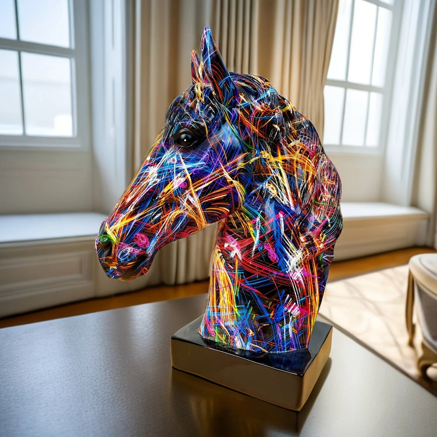 Horse Head Sculpture Handcrafted Resin Multicolor