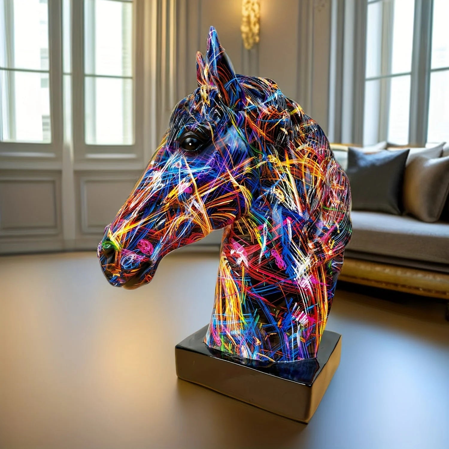 Horse Head Sculpture Handcrafted Resin Multicolor
