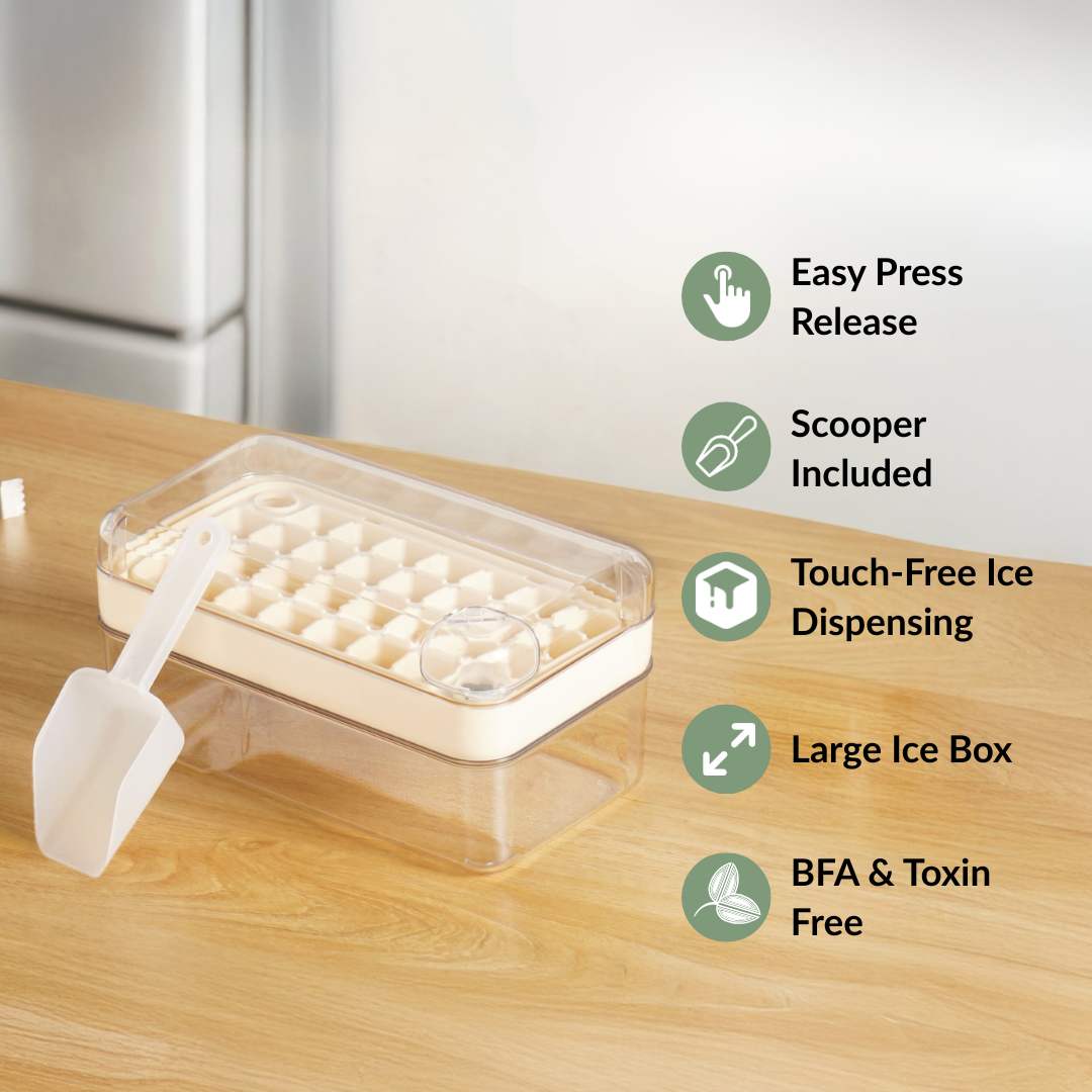 Ice Cube Tray One-Press Release 32-Cube Storage & Scoop