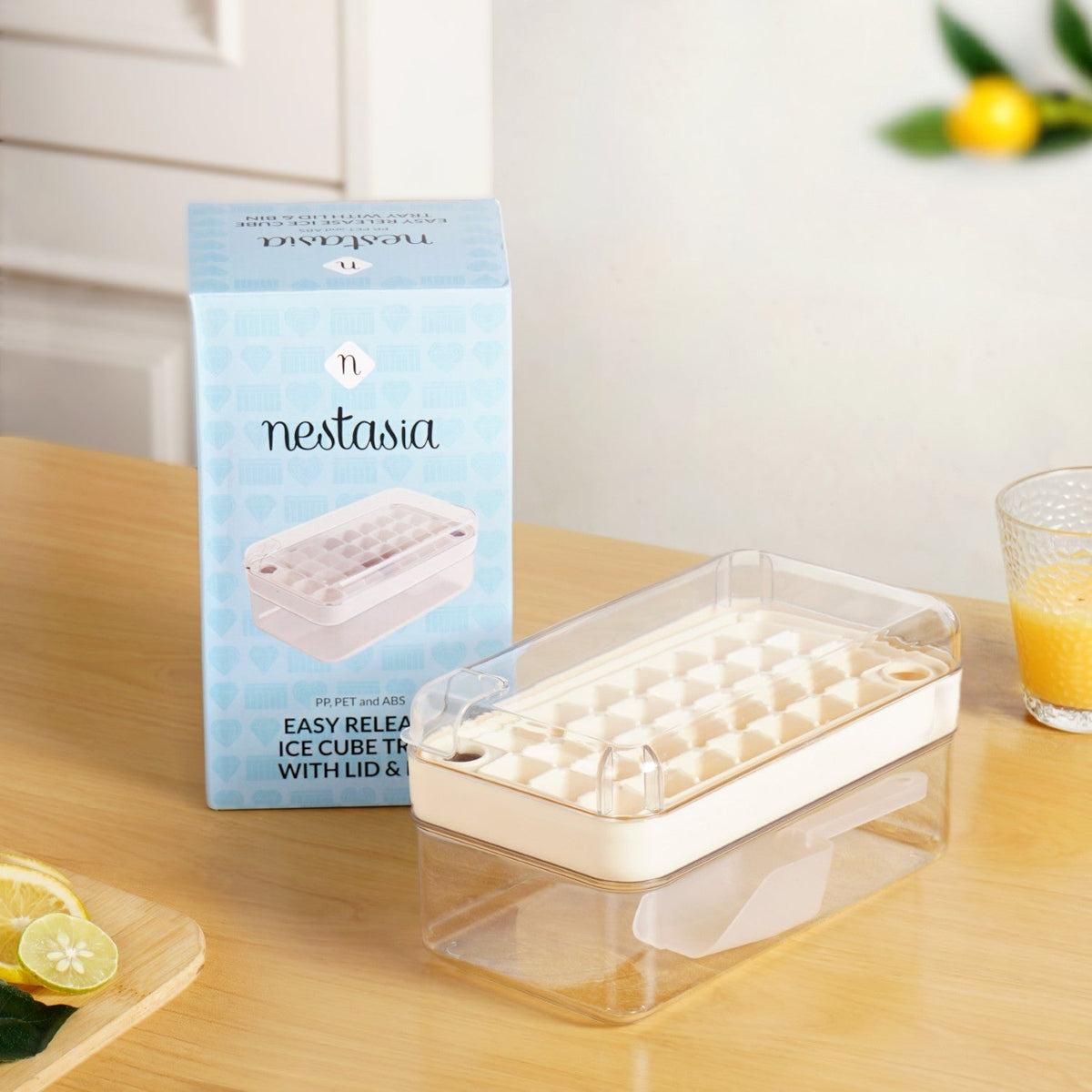 Ice Cube Tray One-Press Release 32-Cube Storage & Scoop