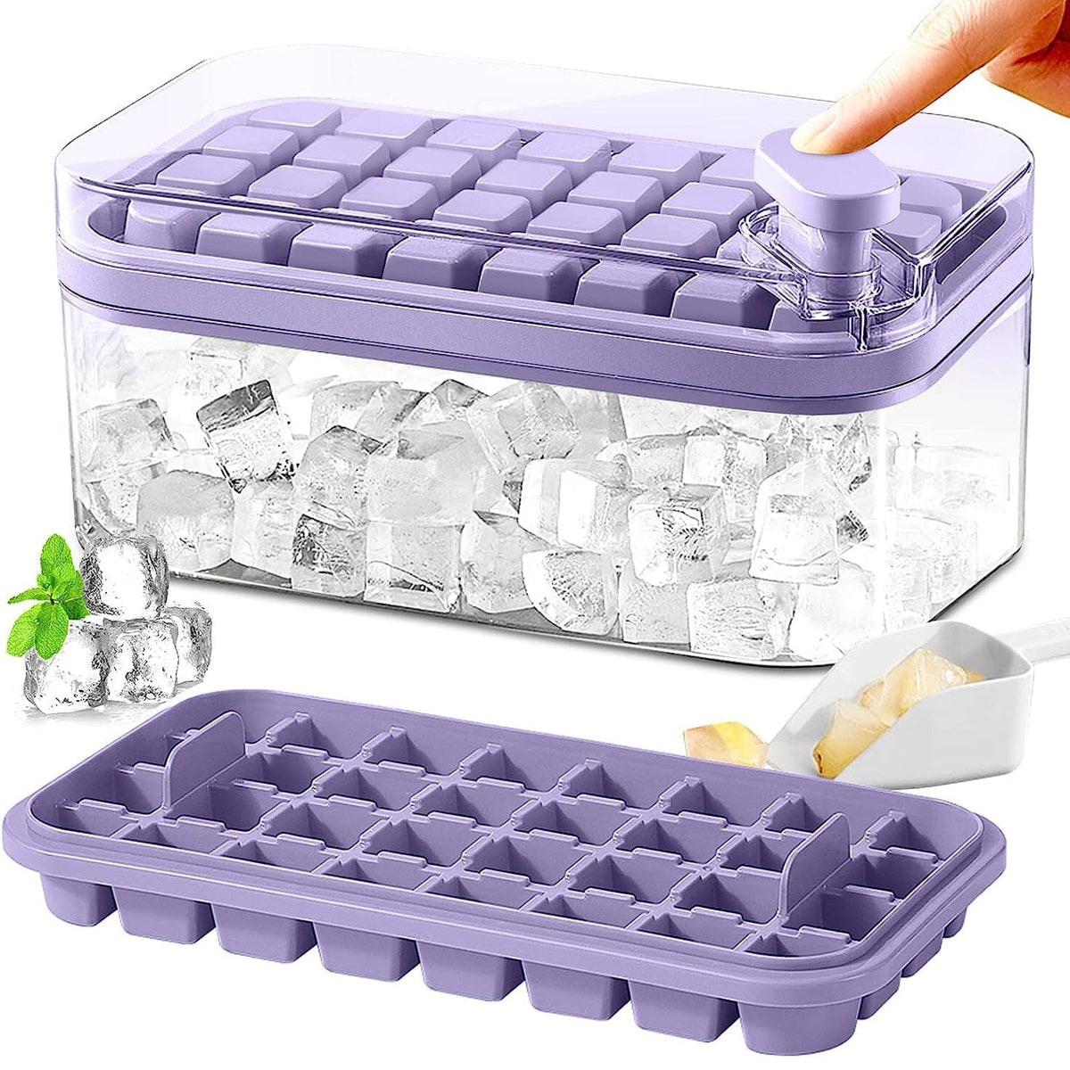 Ice Cube Tray Set Push-Release Lid Stackable 64-Cube Capacity