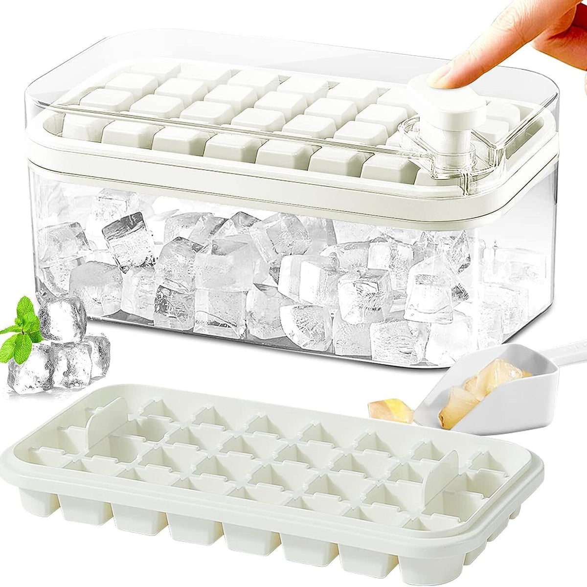 Ice Cube Tray Set Push-Release Lid Stackable 64-Cube Capacity