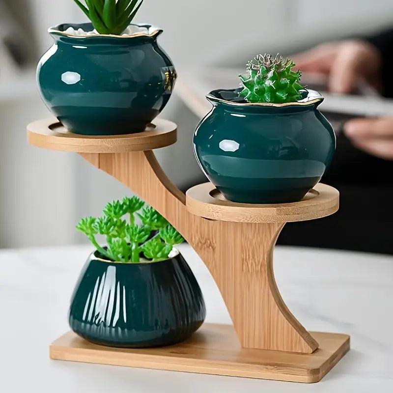 Indoor Plant Stand Two-Tier Staggered Bamboo Recessed Holders