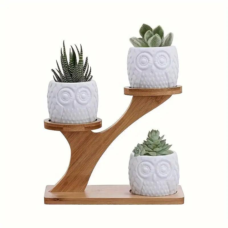 Indoor Plant Stand Two-Tier Staggered Bamboo Recessed Holders
