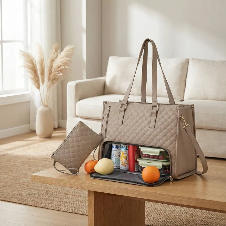 Insulated Lunch Bag Quilted PU Leather Removable Pouch