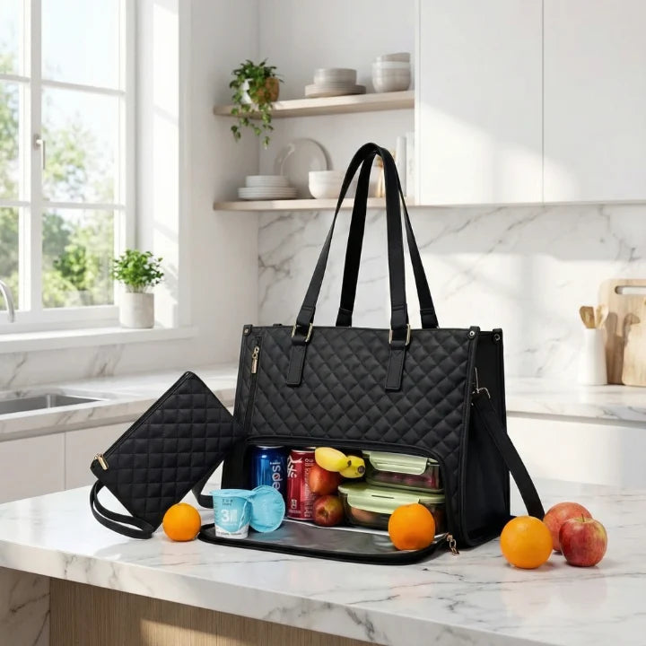 Insulated Lunch Bag Quilted PU Leather Removable Pouch