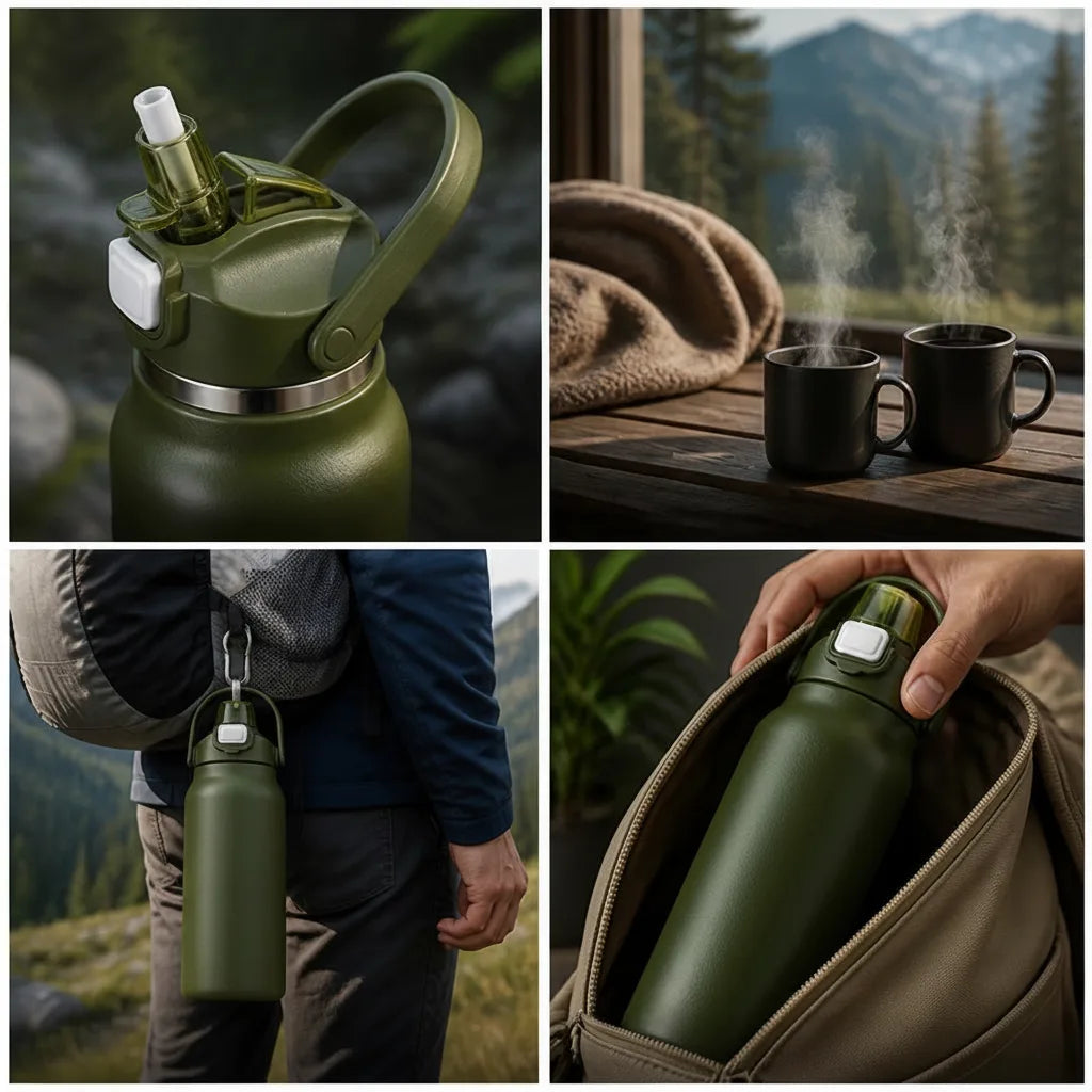 Insulated Water Bottle Integrated Straw Double-Wall Vacuum Stainless Steel