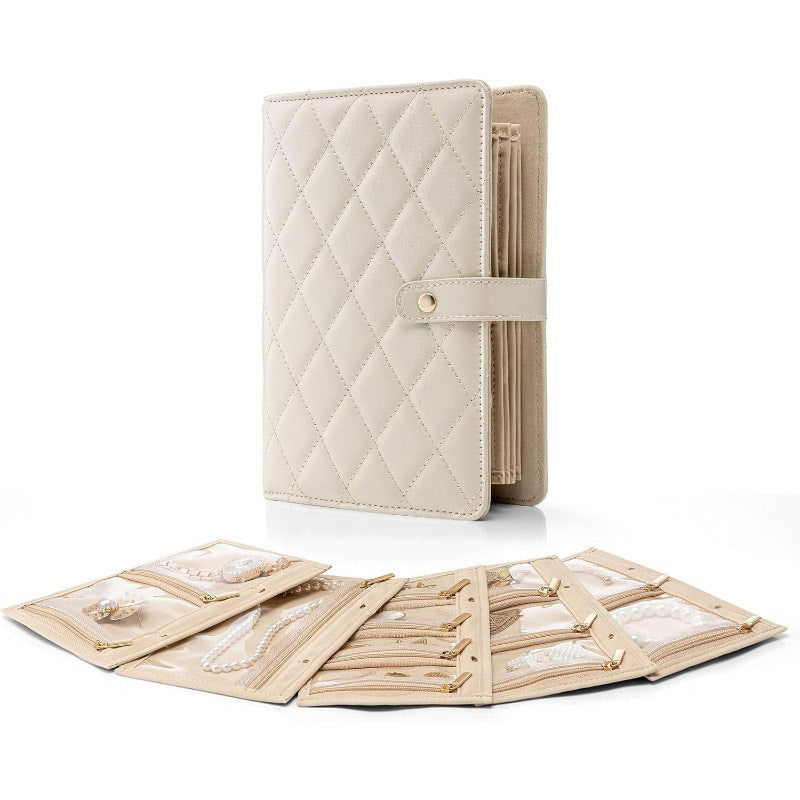 Jewelry Organizer Quilted PU Leather Multi-Compartment Snap Closure