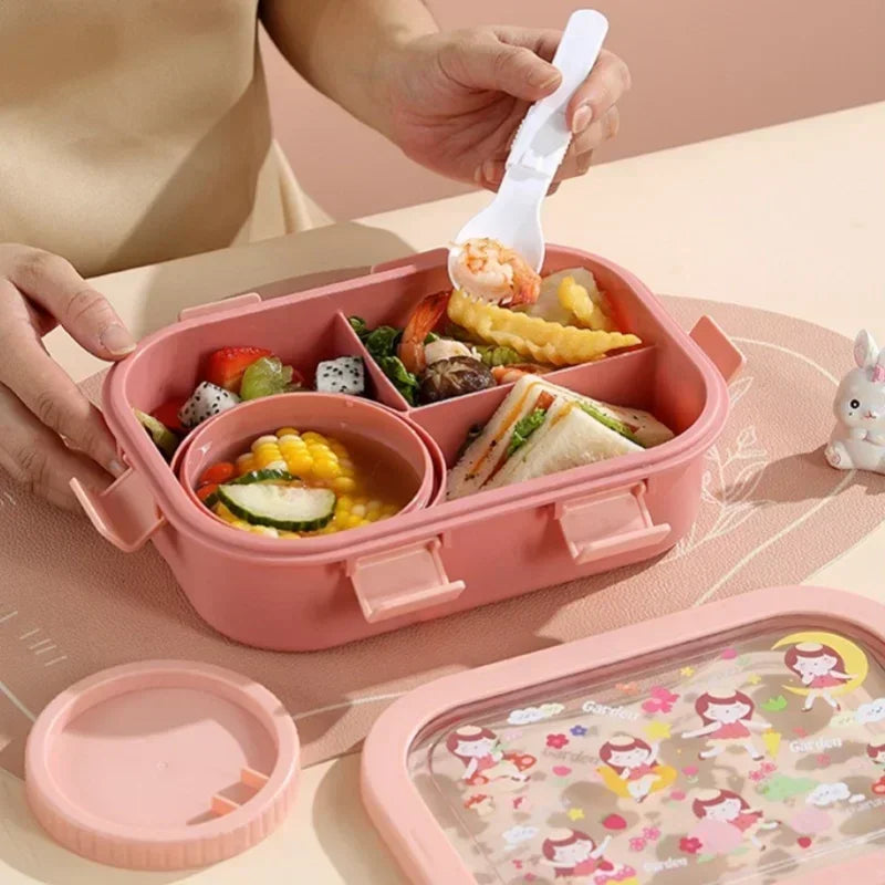 Kids Bento Box Leak-Proof 3 Compartments Removable Soup Bowl