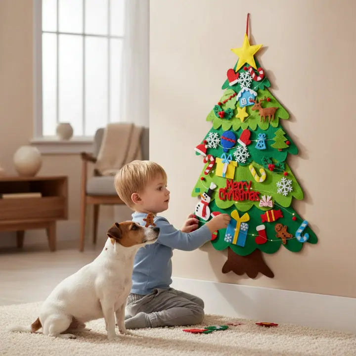 Kids Felt Christmas Tree Hook-and-Loop Ornaments & LED Lights