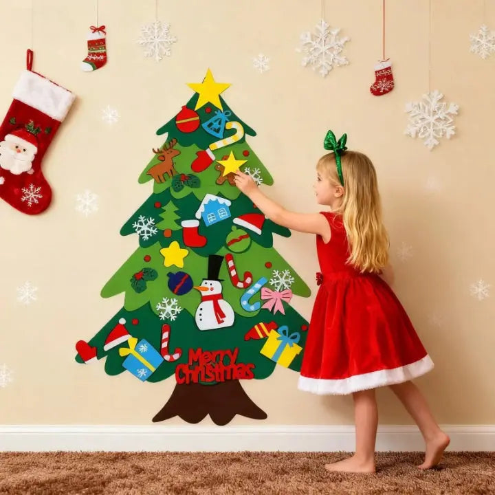 Kids Felt Christmas Tree Hook-and-Loop Ornaments & LED Lights