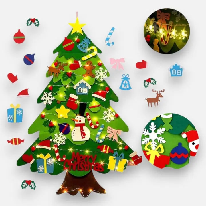Kids Felt Christmas Tree Hook-and-Loop Ornaments & LED Lights