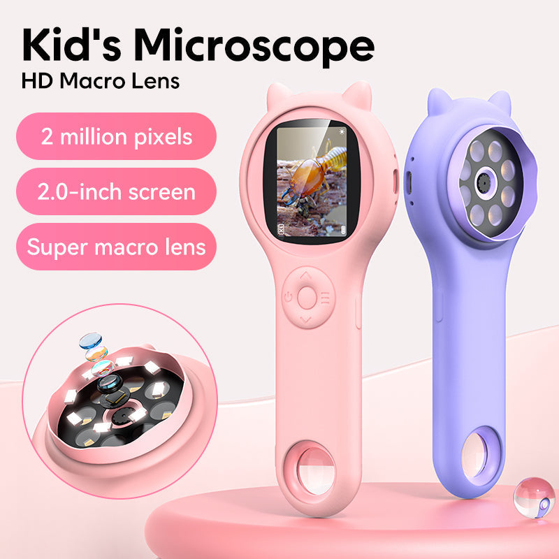 Kids Handheld Microscope 500x Built-In Screen Rechargeable Battery