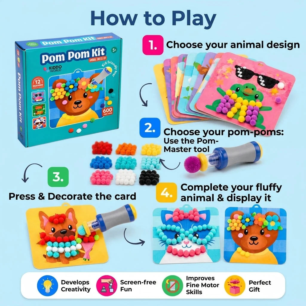 Kids Pom-Pom Craft Kit 600 Multicolored Animal Peg Cards