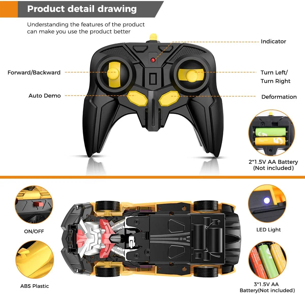 Kids RC Car Transformable Push-Button Drift & Rotation