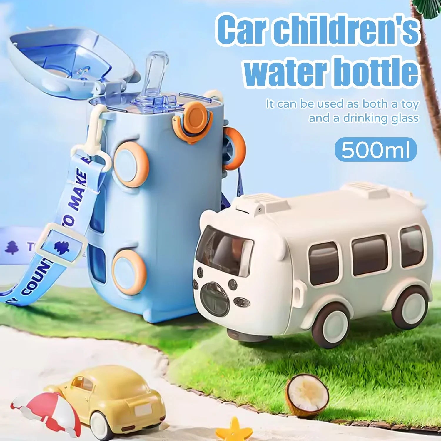 Kinder-Wasserflasche auslaufsicher mit Klappstrohhalm und Tragegriff