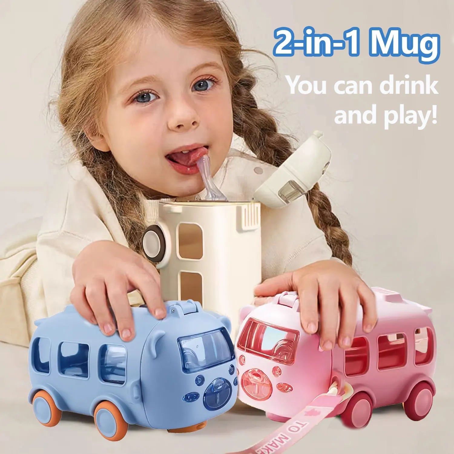 Kinder-Wasserflasche auslaufsicher mit Klappstrohhalm und Tragegriff
