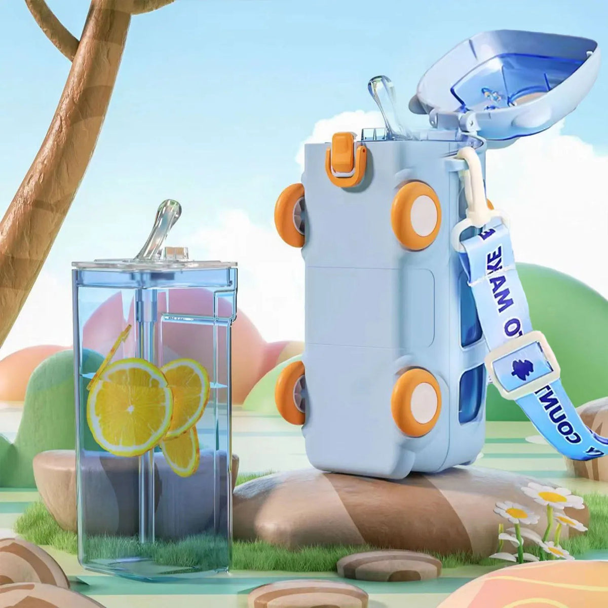 Kinder-Wasserflasche auslaufsicher mit Klappstrohhalm und Tragegriff